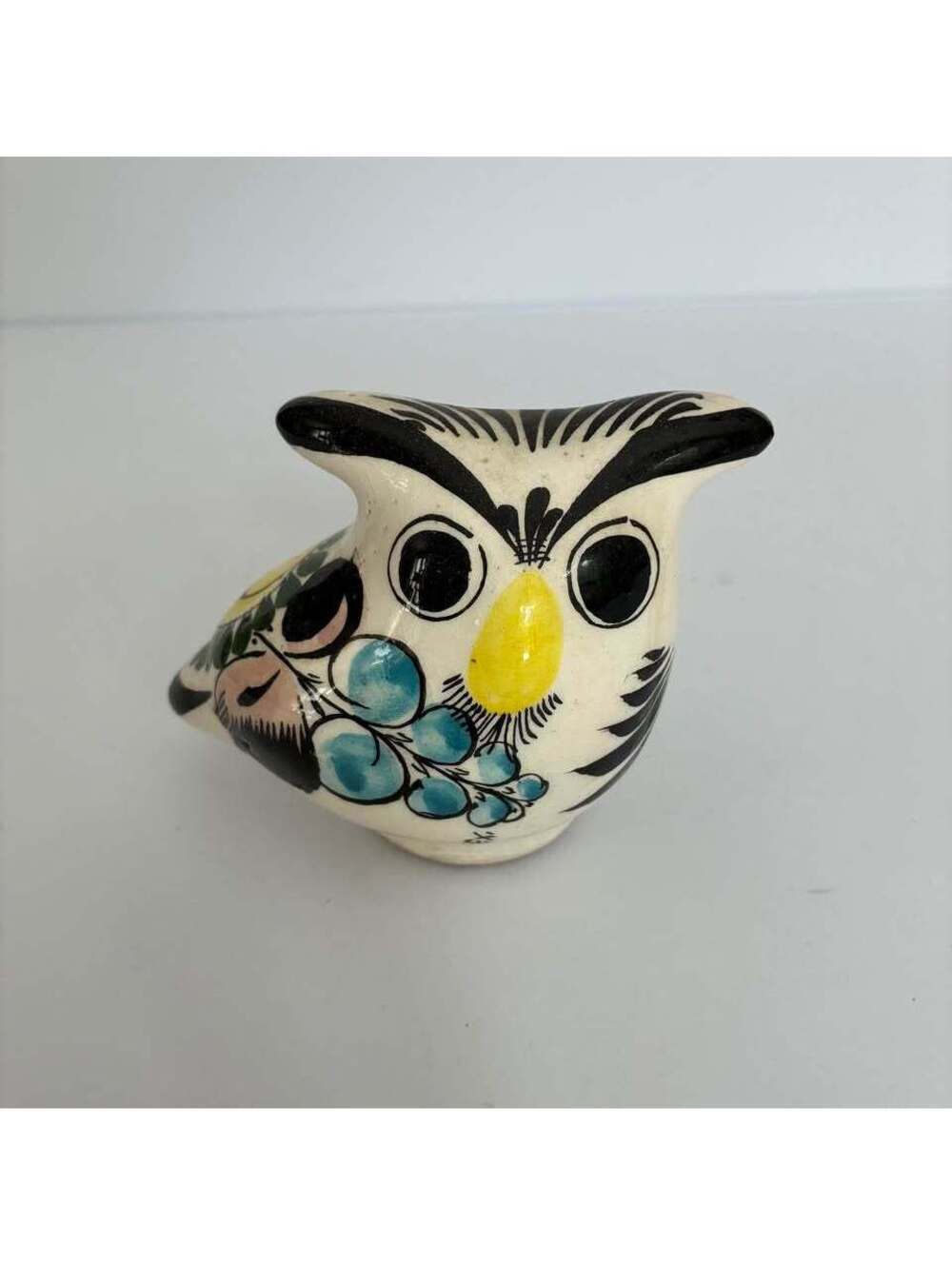 Vintage Tonala Mexican Pottery Owl Figurine Hand Painted Folk Art Signed MEX